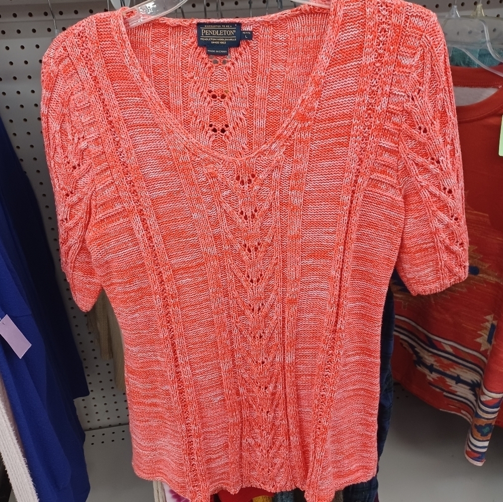 Pendleton cable knit cotton short sleeve sweater, dark coral, sz L